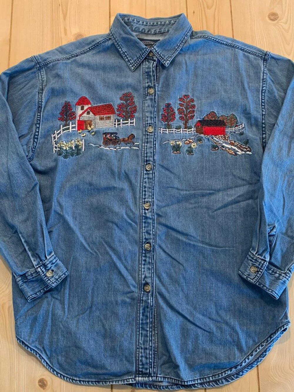 Vintage 90s Solutions Cottage Farm Countryside Button-Down Denim Shirt Size L